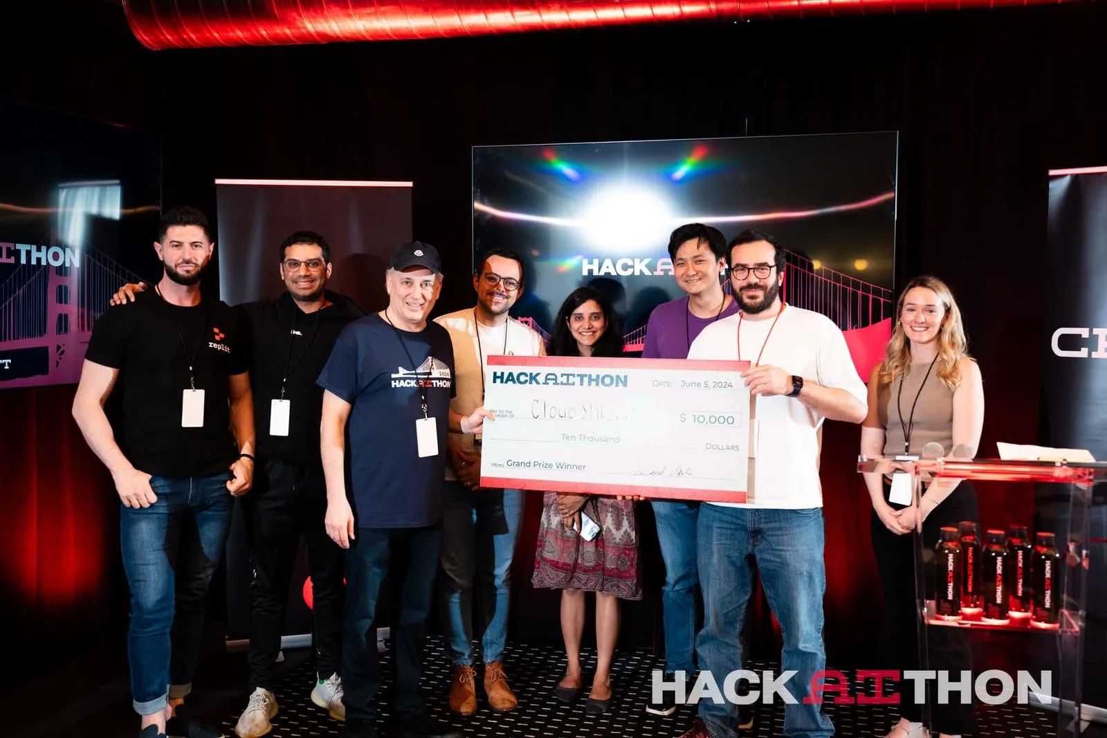 Piergiuseppe Mallozzi and the CloudShield AI team accepting the $10,000 grand prize from David Sacks at HackAIthon 2024.